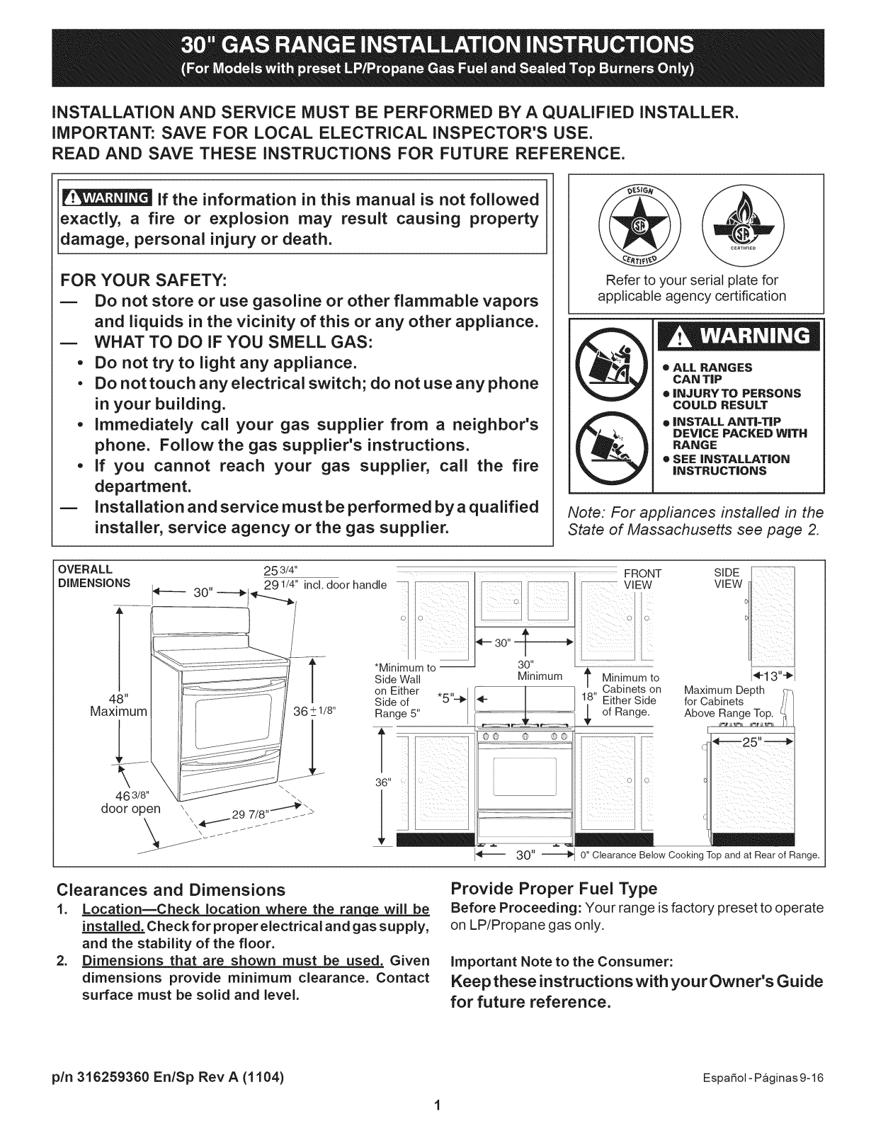 Frigidaire FFLF3015LMA, FFLF3017LWA, FFLF3017LWB, FFLF3017LWD, FFLF3047LSA Installation Guide