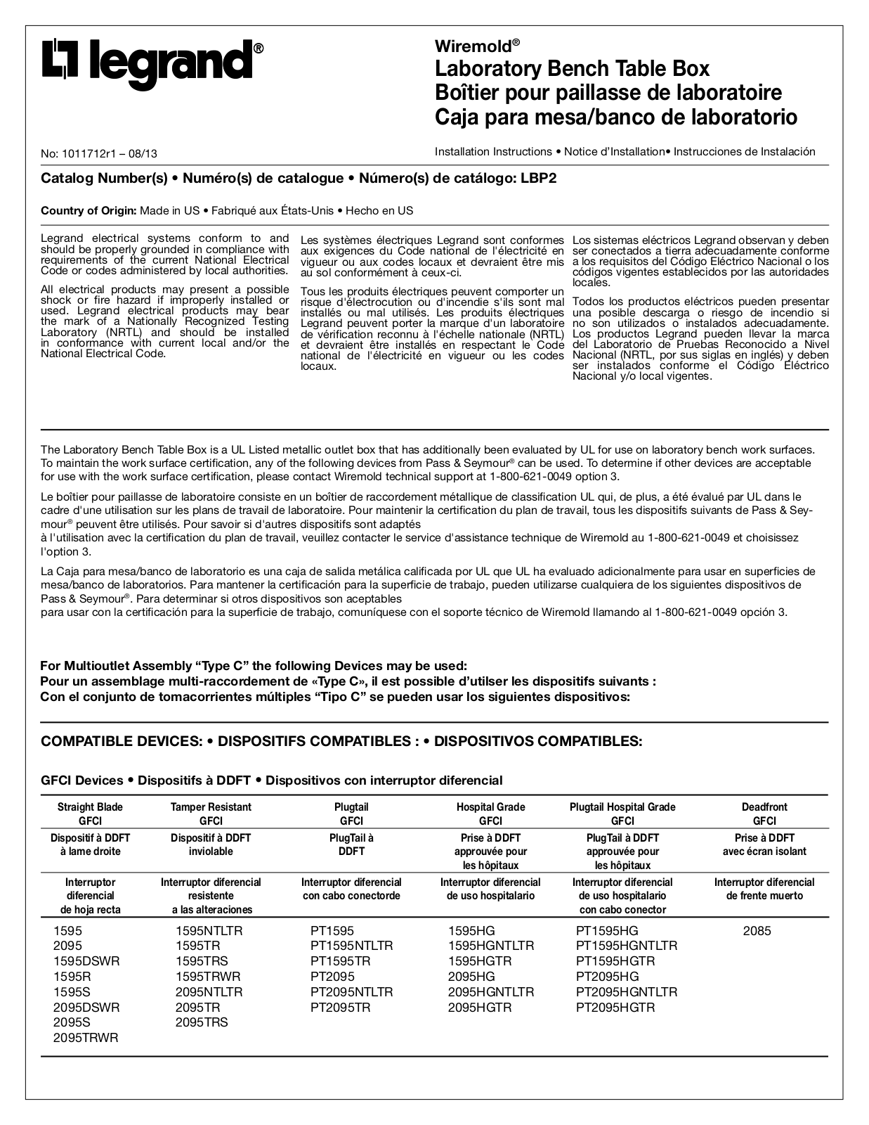 Legrand LBPBHA User Manual