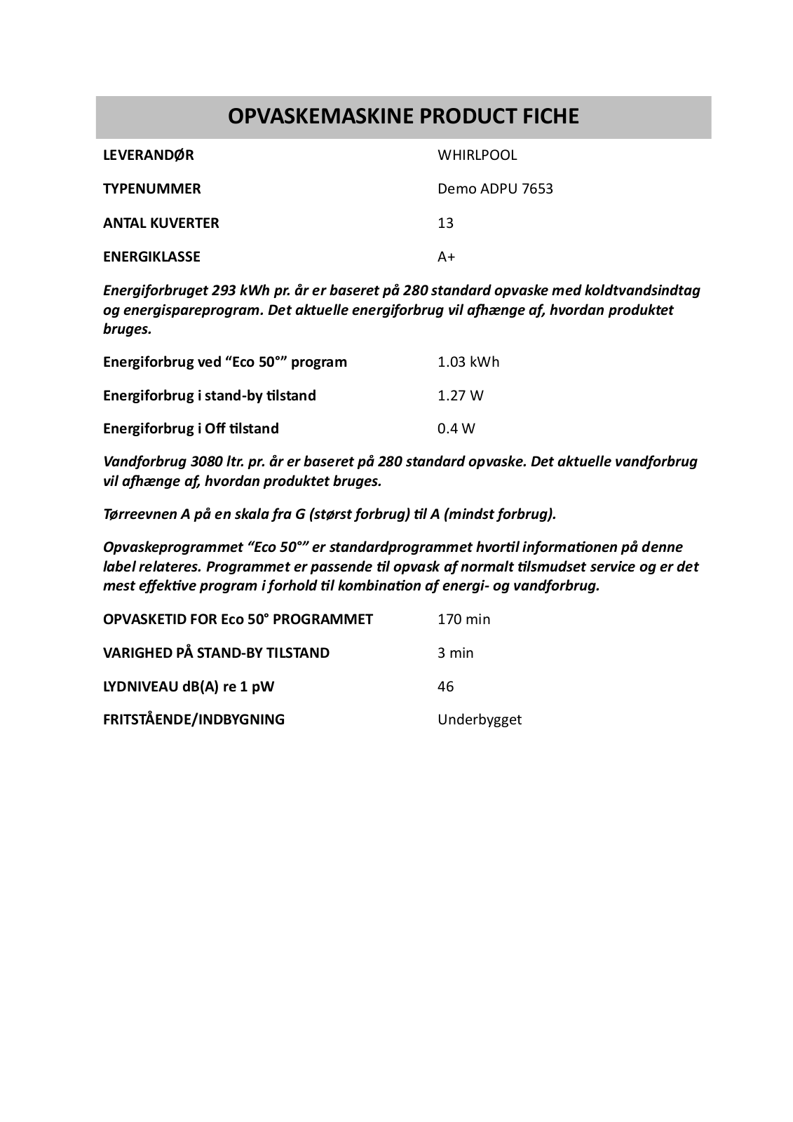 Whirlpool DEMO ADPU 7653 PRODUCT SHEET