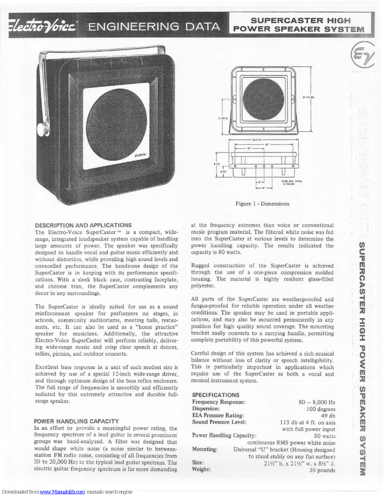 Electro-Voice Supercaster Supercaster High Power Speaker System, Supercaster Engineering Data