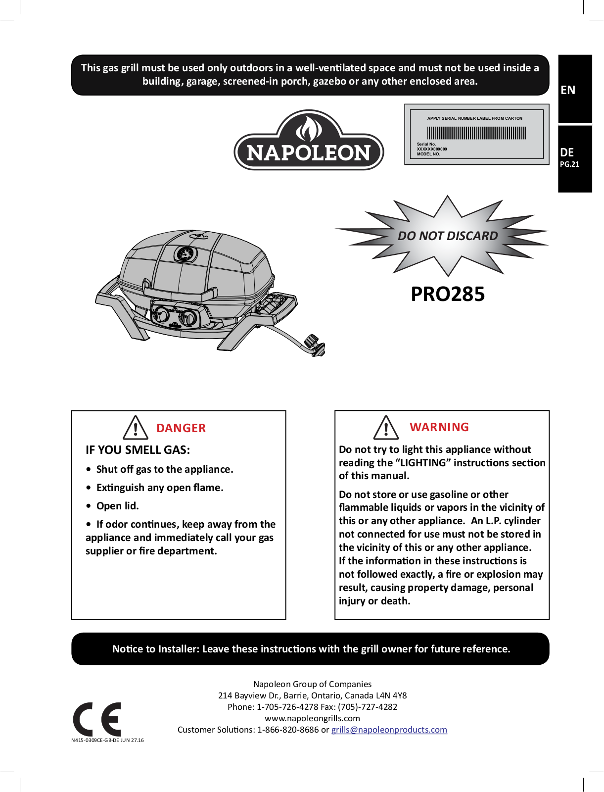 Napoleon PRO285 operation manual