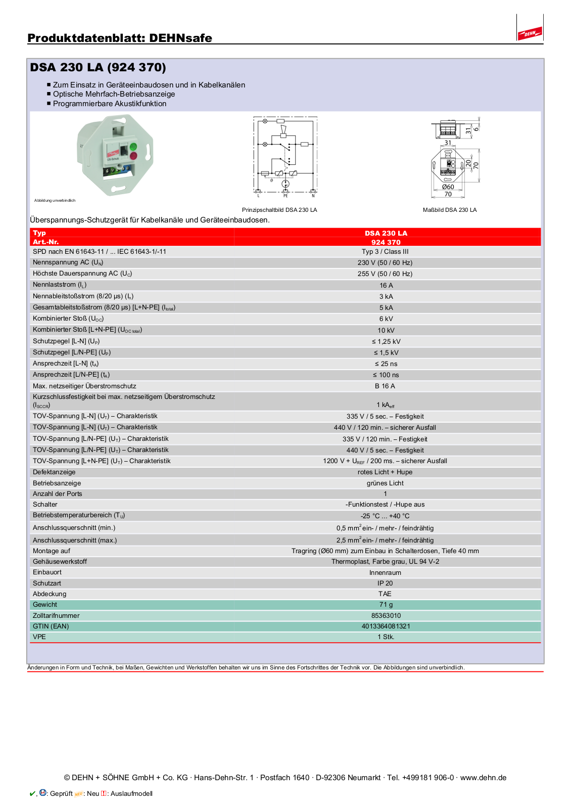 DEHN DSA 230 LA Datasheet - ManualMachine.com