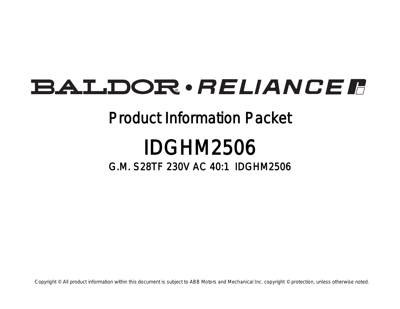 Baldor IDGHM2506 Product Information Sheet