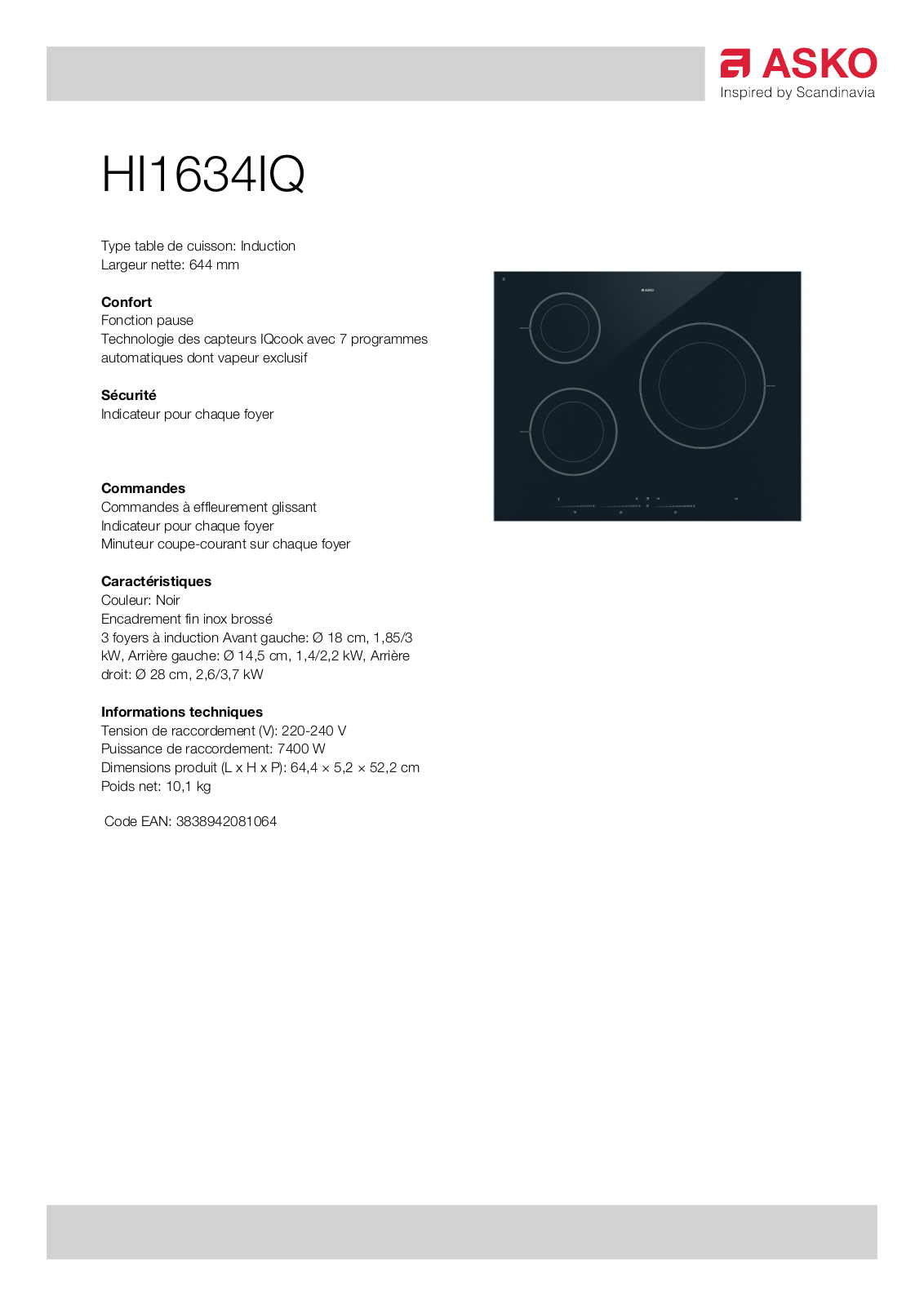 Asko HI1634IQ product sheet