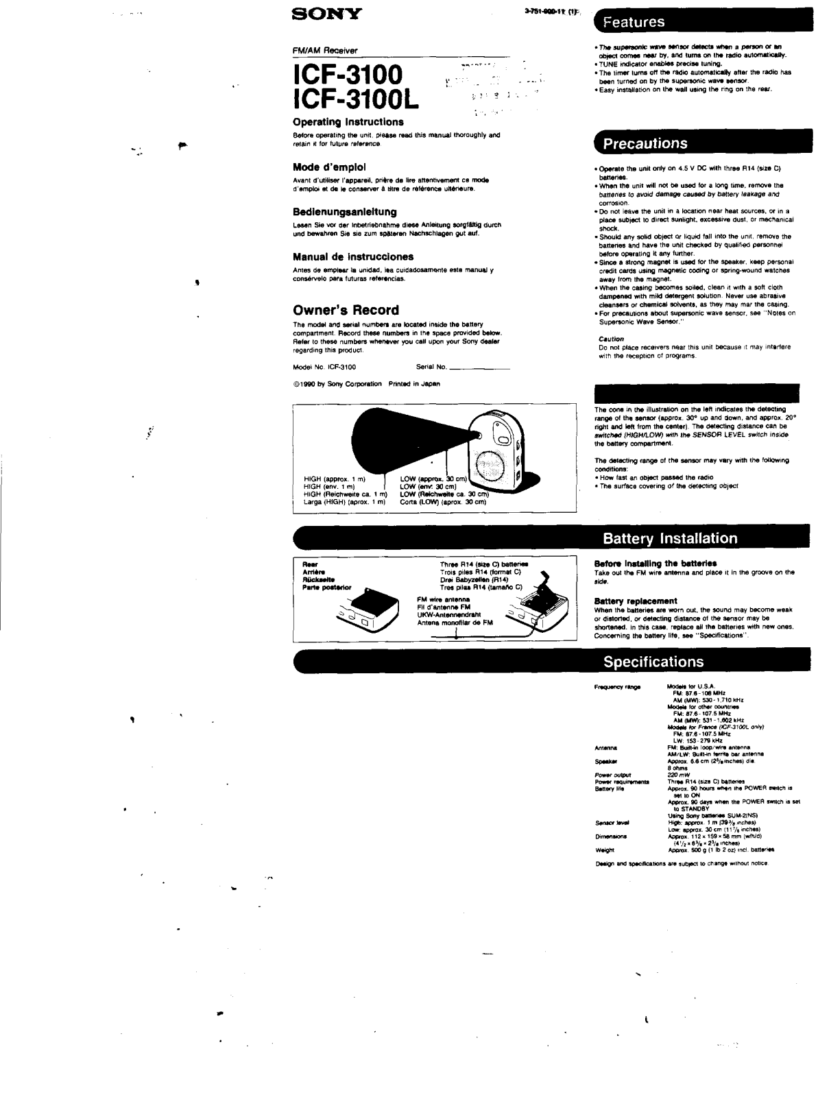 Sony ICF-3100, ICF-3100L Operating Instructions