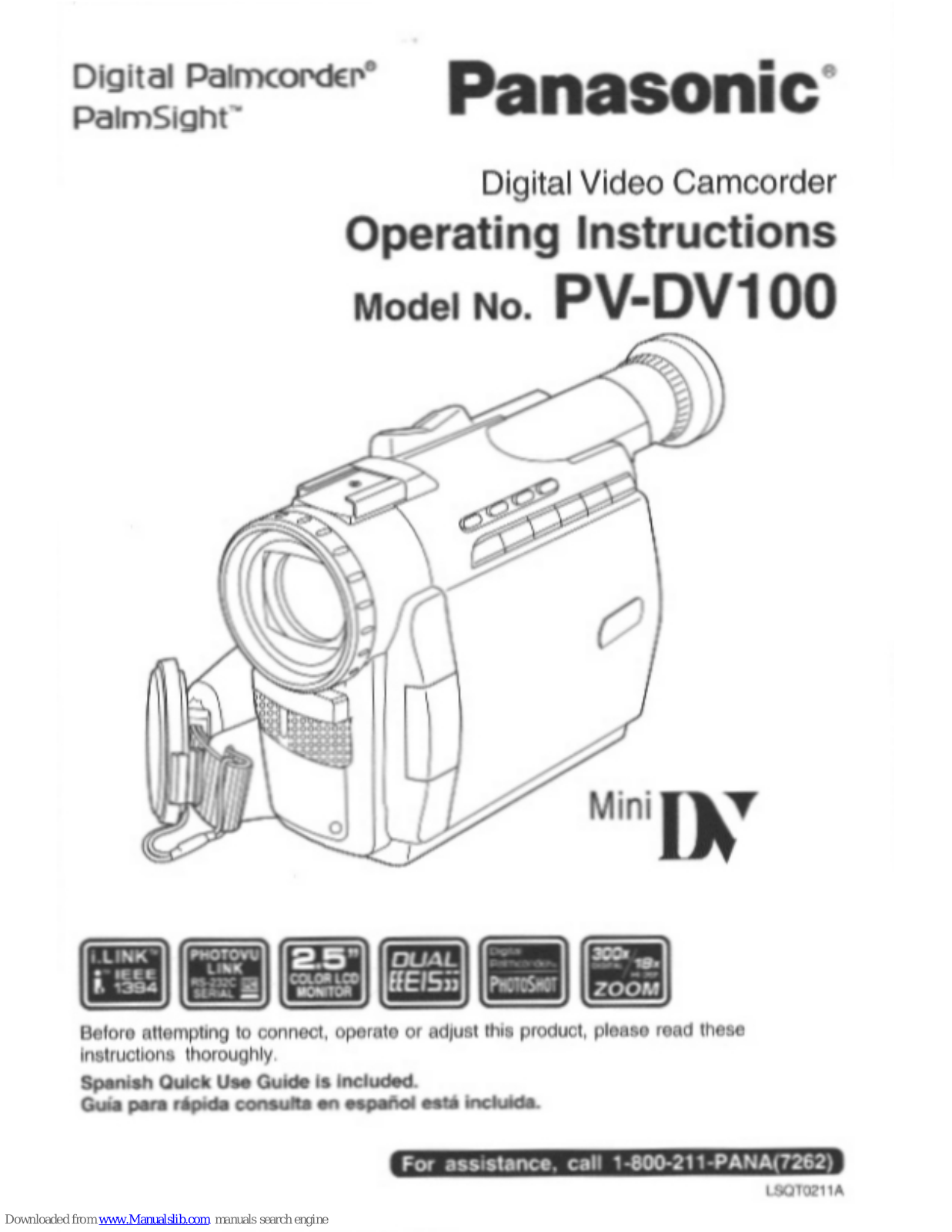 Panasonic Palmcorder PV-DV1000, PVDV100D - DIGITAL VIDEO CAMCOR, Palmcorder PV-DV100 Operating Manual