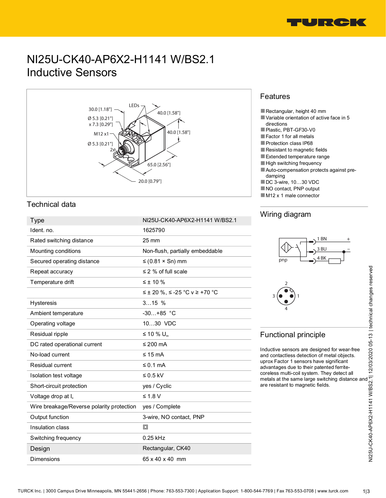 TURCK NI25U-CK40-AP6X2-H1141 W/BS2.1 Datasheet