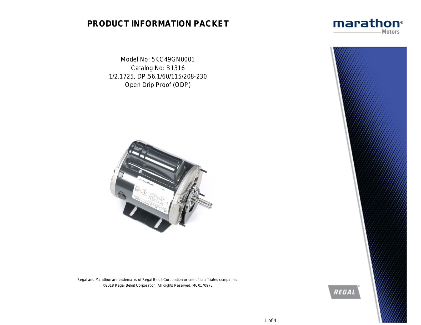 Marathon Electric 5KC49GN0001 Product Information Packet