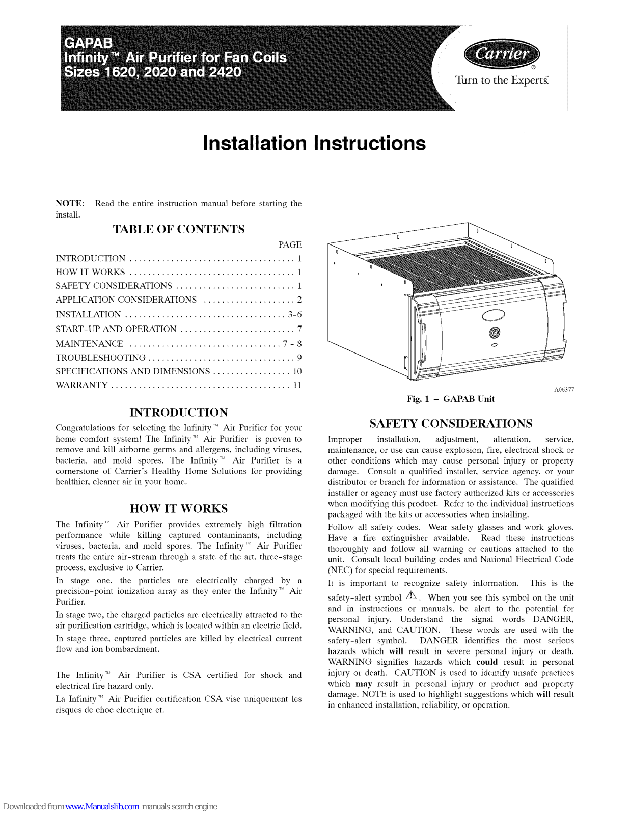 Carrier Infinity GAPAB Installation Instructions Manual - ManualMachine.com