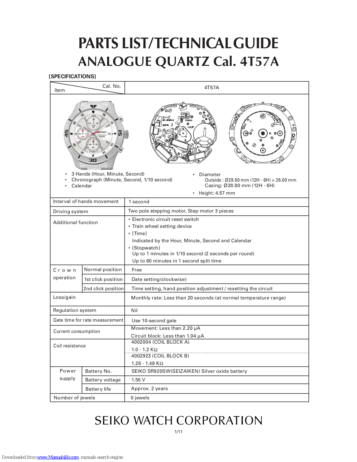 Seiko 4T57A Technical Manual & Parts Catalogue