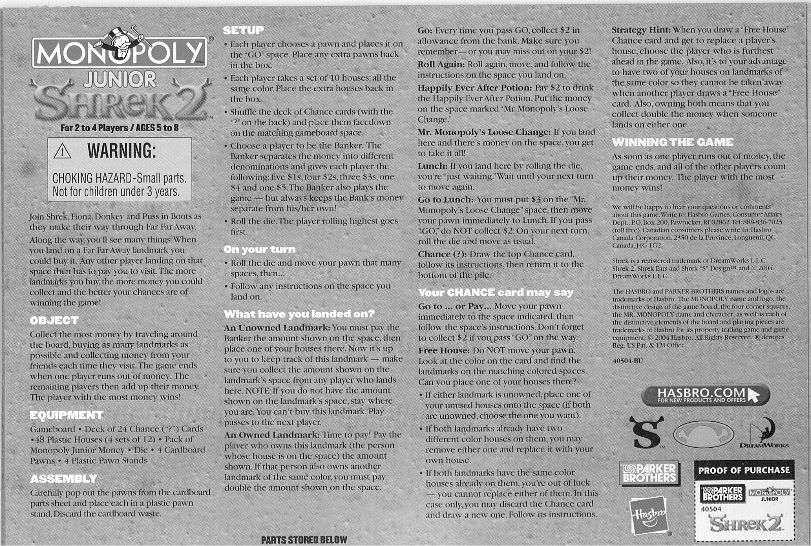 HASBRO Monopoly Jr. Shrek 2 User Manual