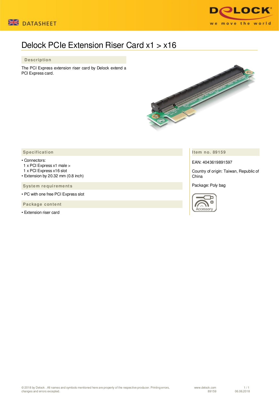 DeLOCK PCIe Extension riser card x1 - x16 User Manual