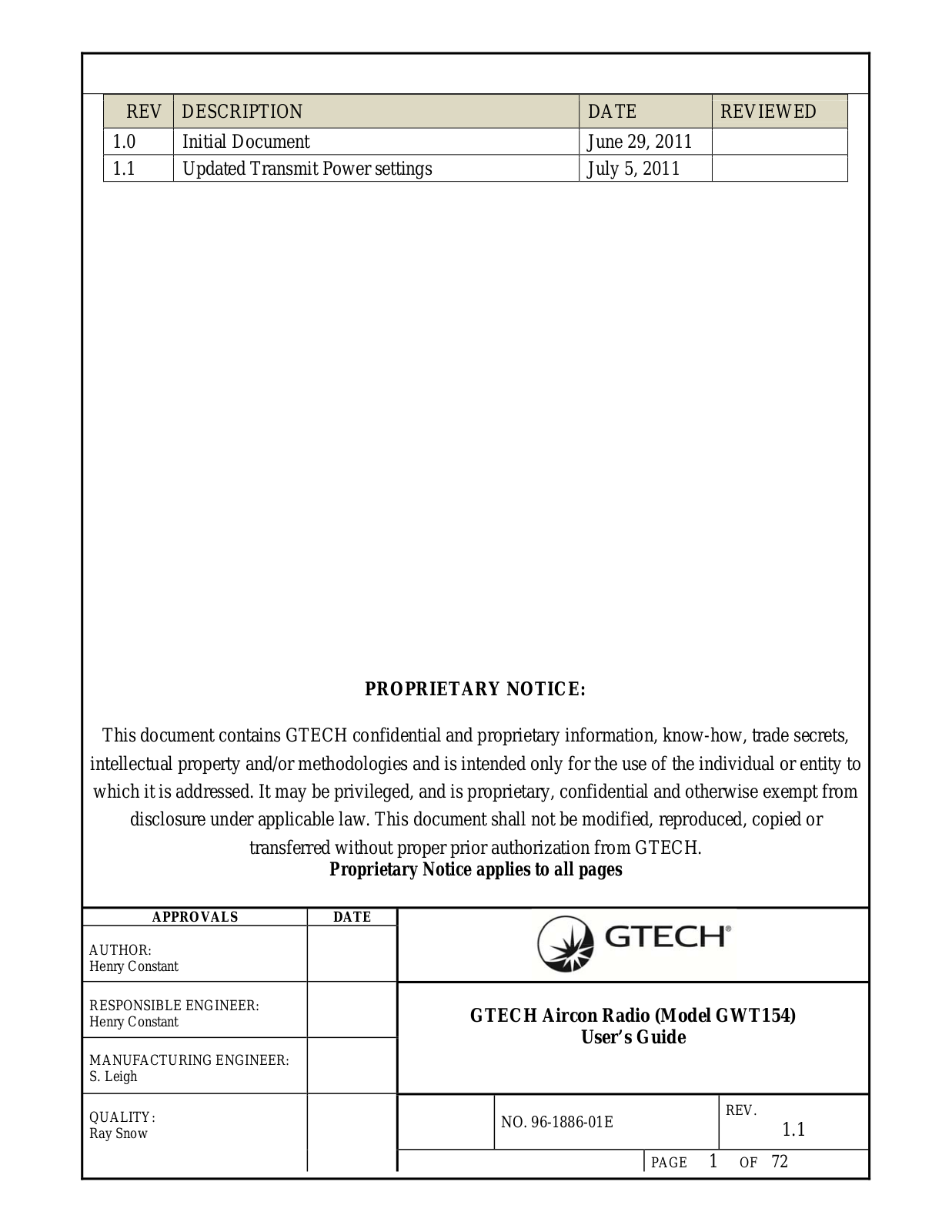 GTECH GWT154 1T1R User Manual