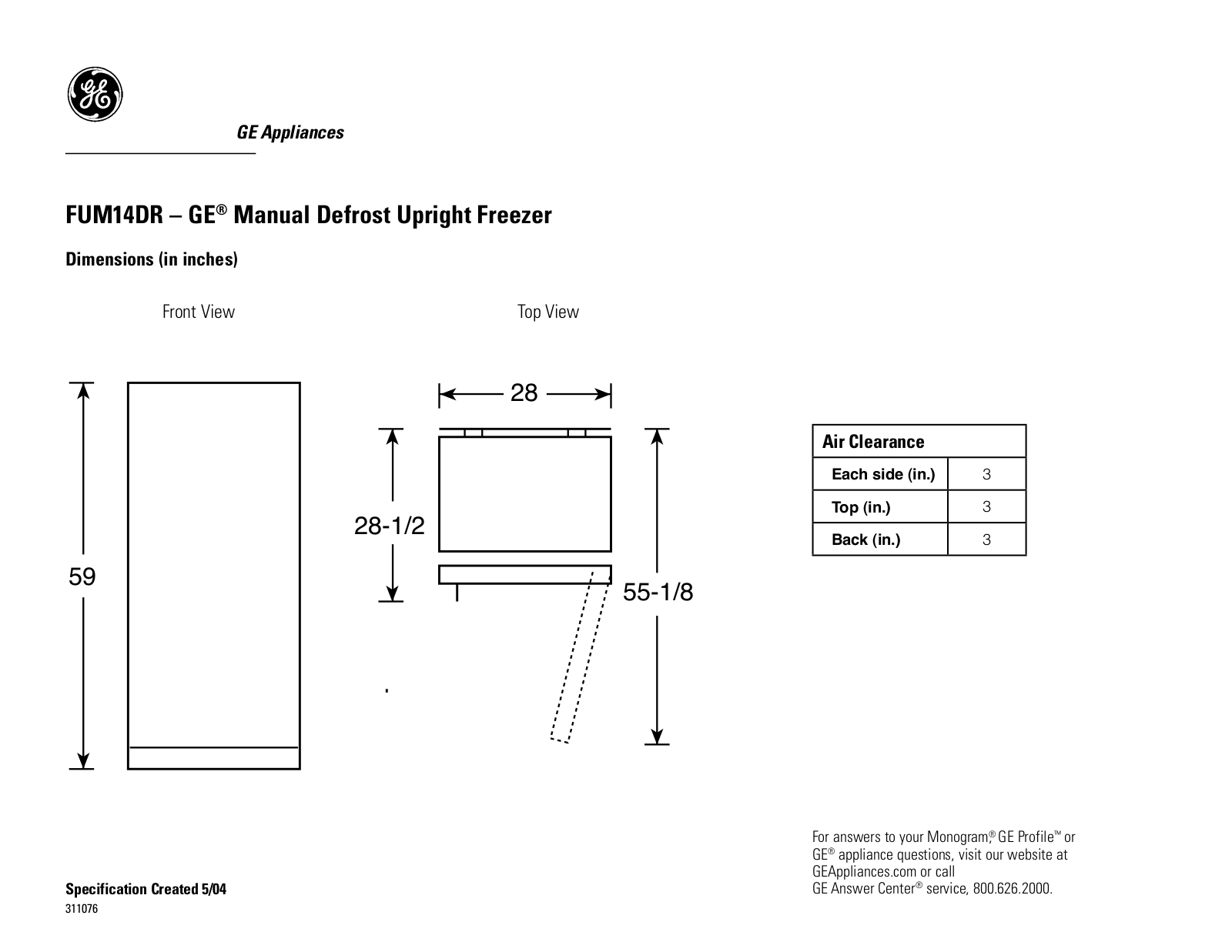 GE FUM14DR Specification