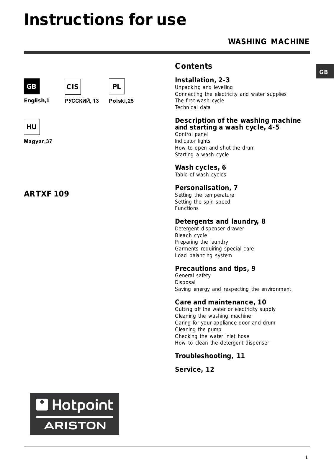 ARISTON ARTXF 109 User Manual