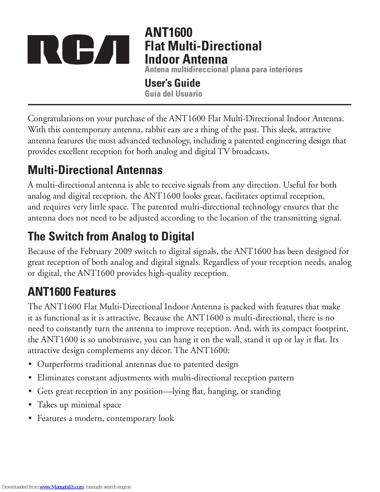 RCA ANT1600 - TV Antenna - Indoor, ANT1600R, ANT1600F User Manual