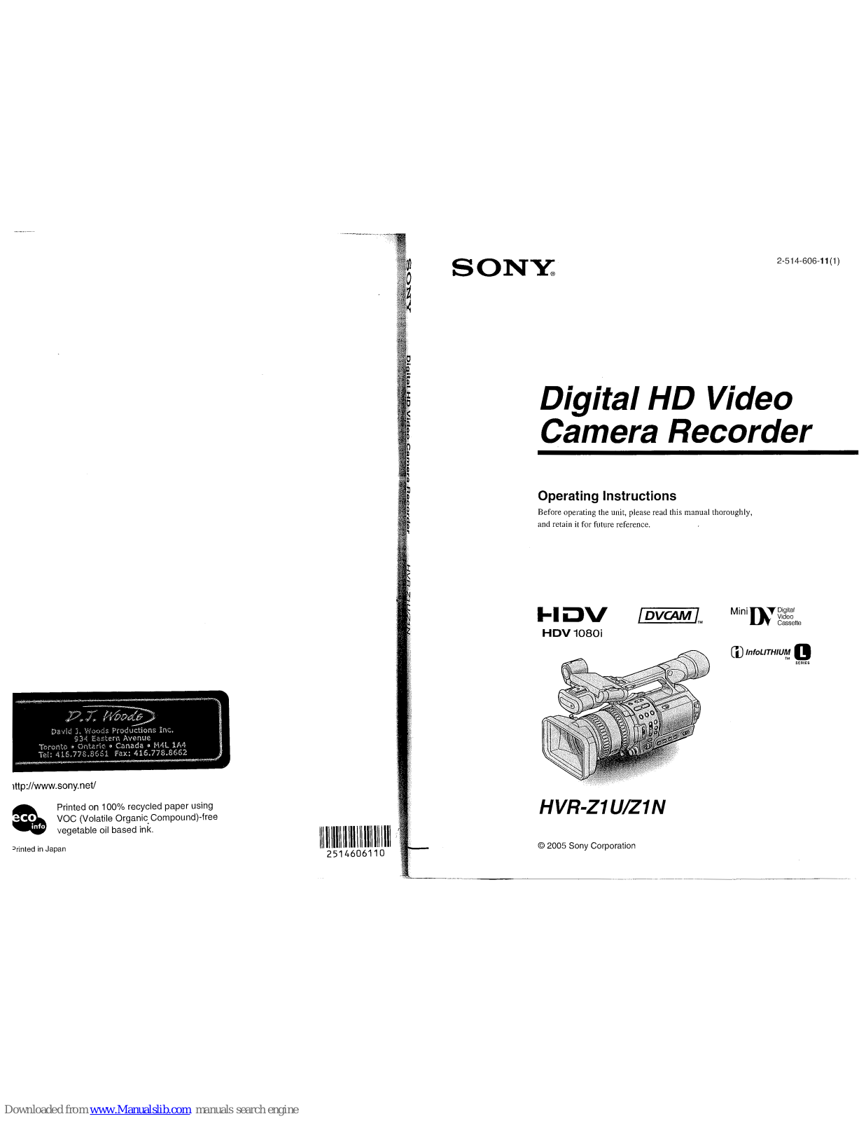 Sony HVR-Z1U,HVR-Z1N Operating Instruction