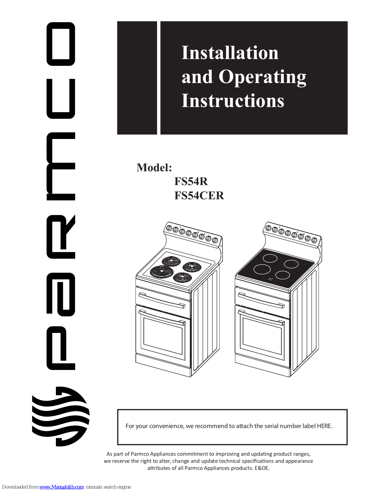 Parmco FS54R, FS54CER Installation And Operating Instructions Manual