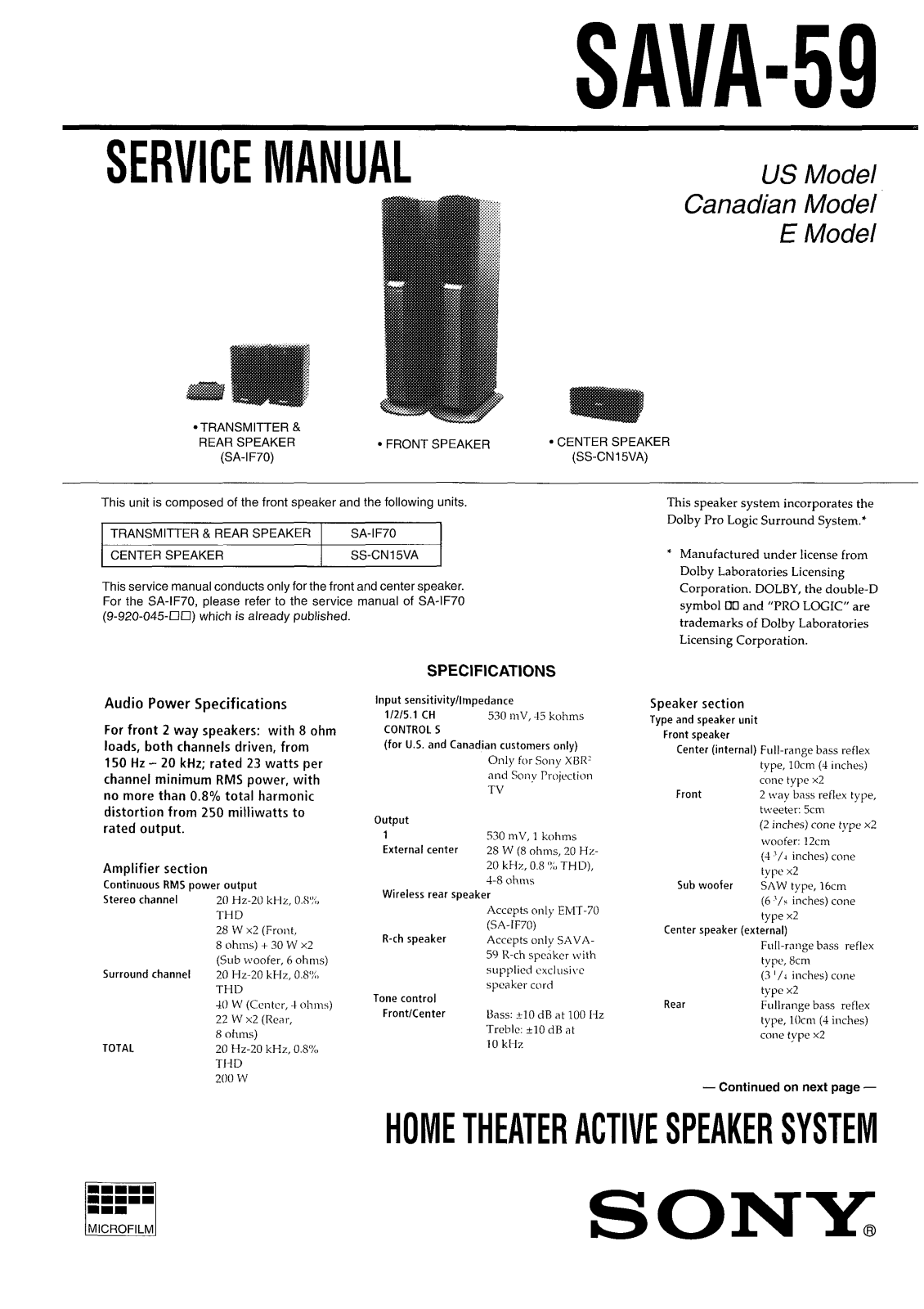 Sony SAVA-59 Service manual