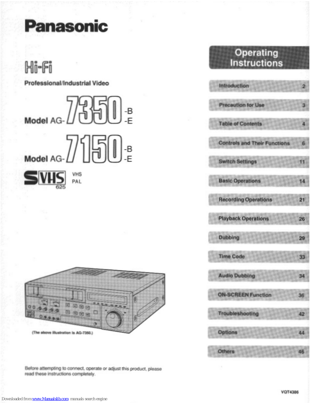 Panasonic AG-7150B, AG-7350E, AG-7350, AG-7150E, AG-7350B Operating Instructions Manual