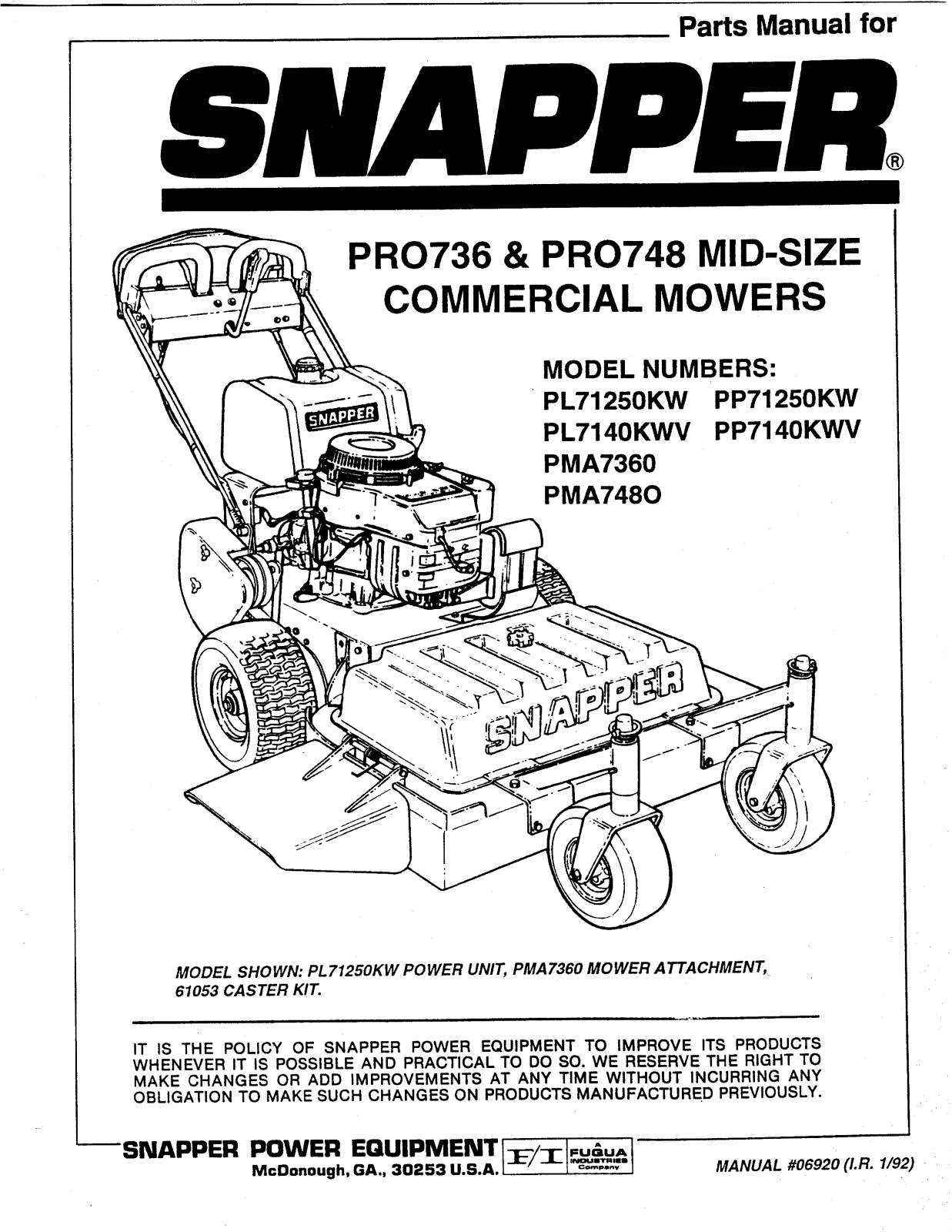 Snapper PP712502KW, PP7140KWV, PL71250KW, PMA7480, PL7140KWV User Manual