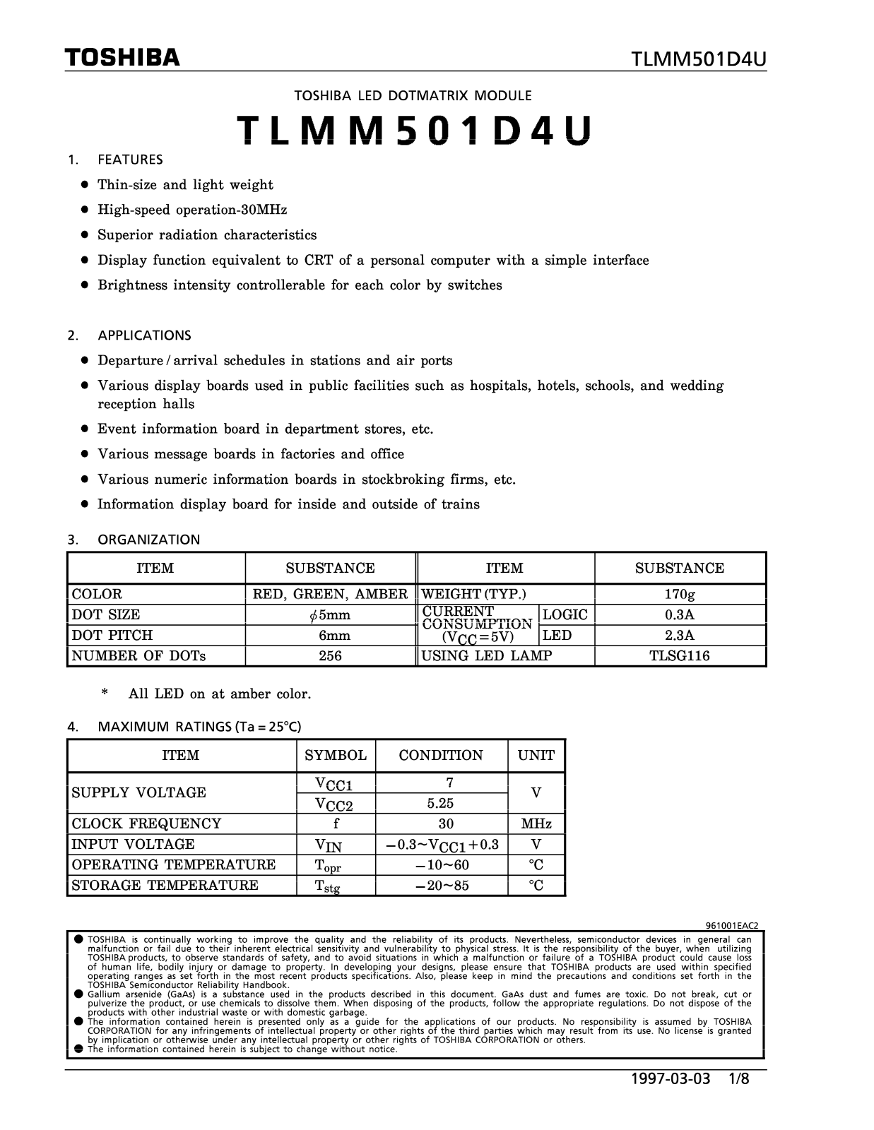 TOSHIBA TLMM501D4U Technical data