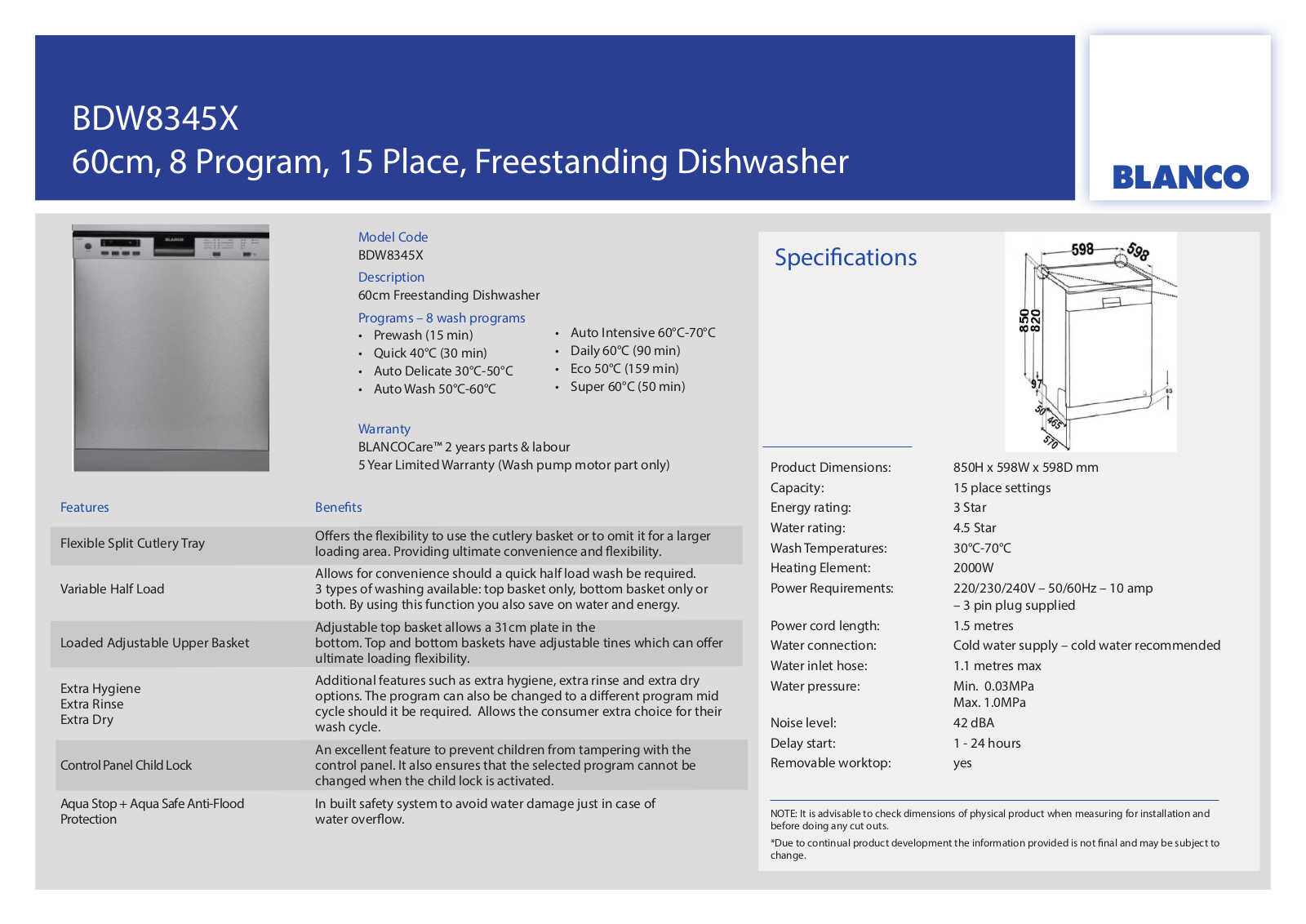 Blanco BDW8345X Specifications Sheet