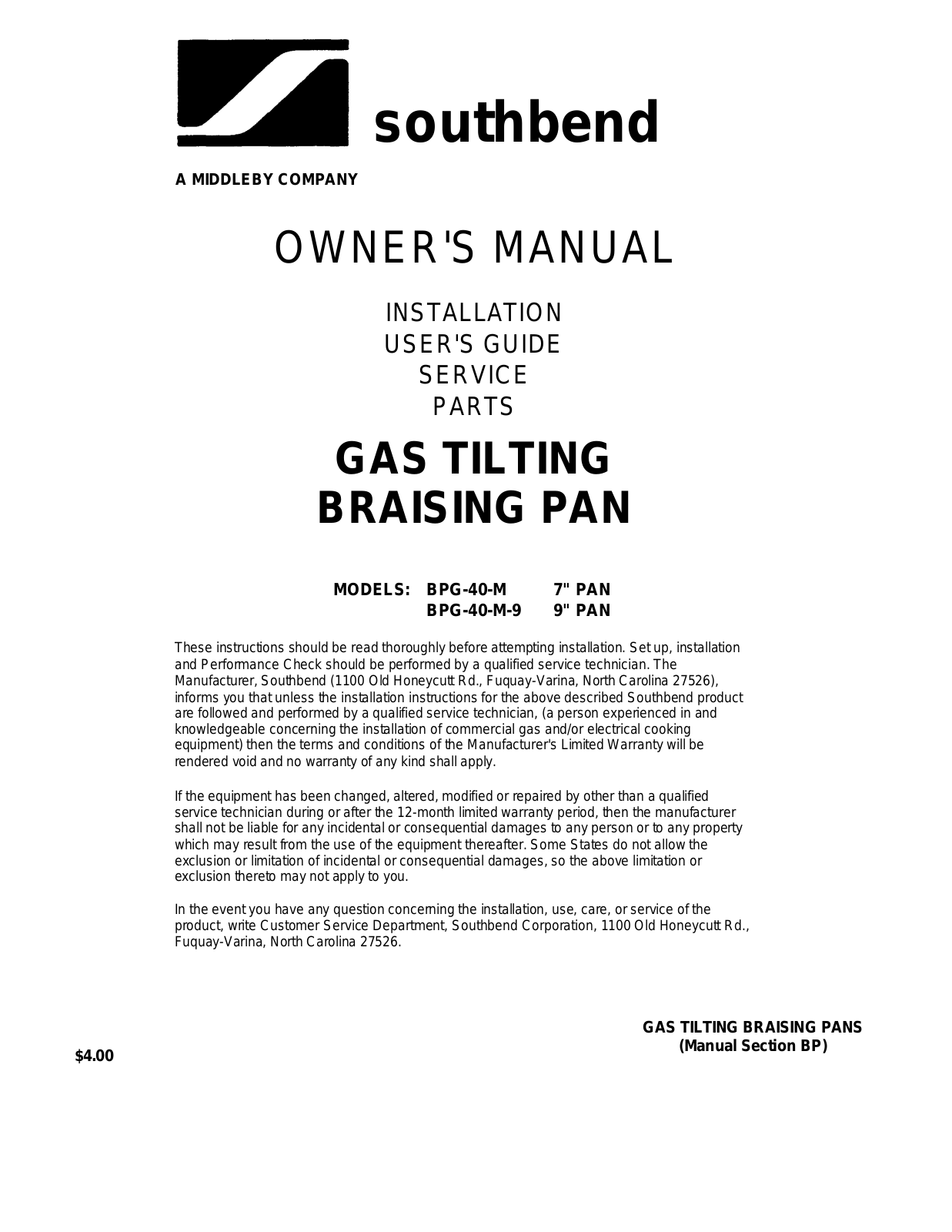 Southbend Range BPG-40-M Operators Manual