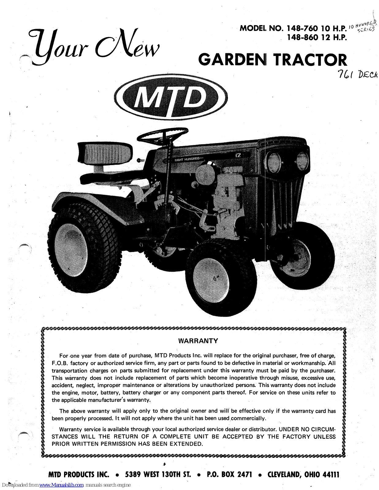 MTD 148-860 10 H.P., 148-860 12 H.P., 148-760, 148-860 Owner's Manual