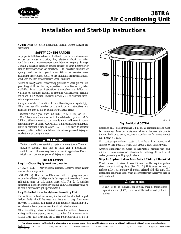 Carrier 38TRA User Manual