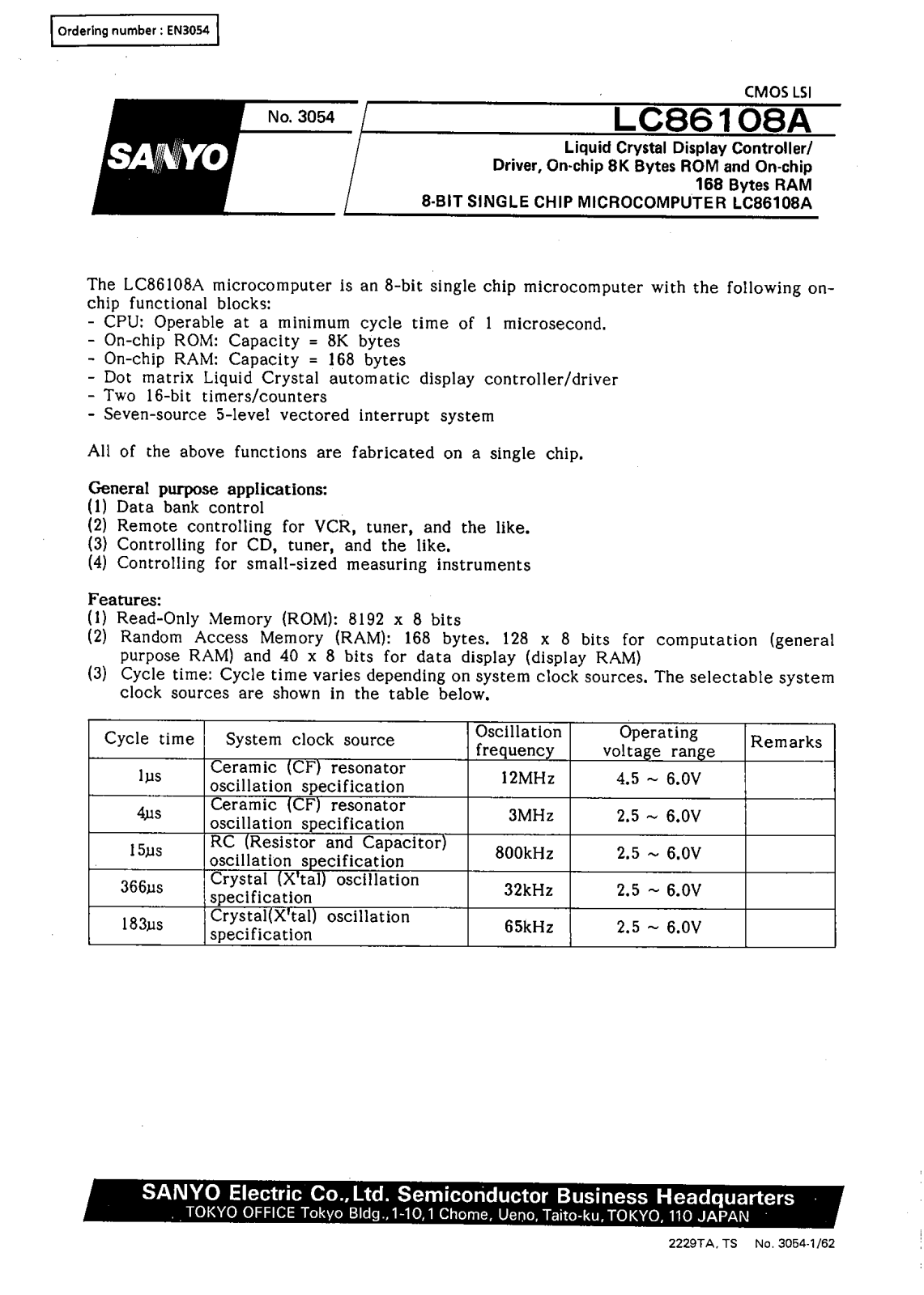 SANYO LC86108A Datasheet