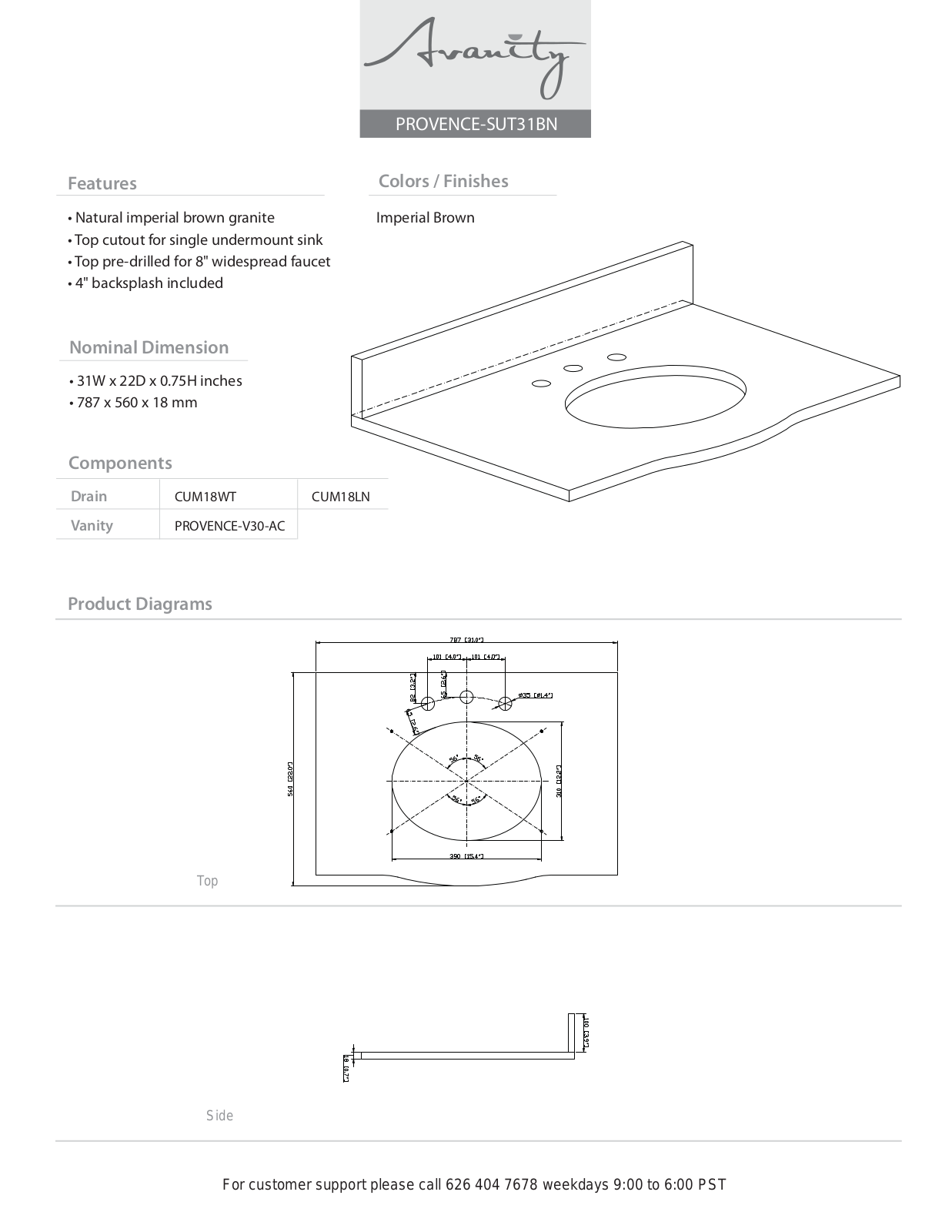 Avanity PROVENCESUT31BN Specifications