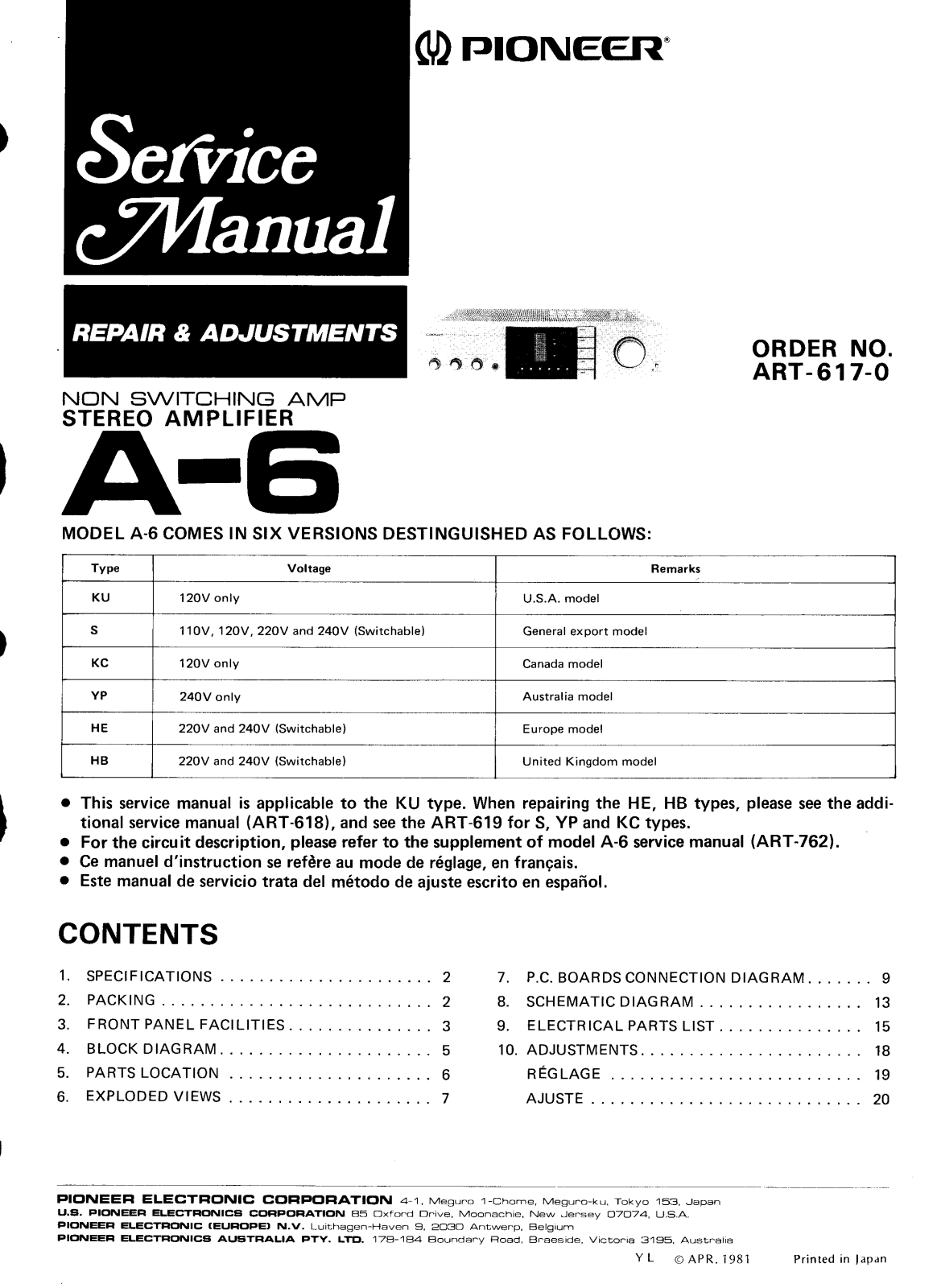 Pioneer A-6 Service Manual