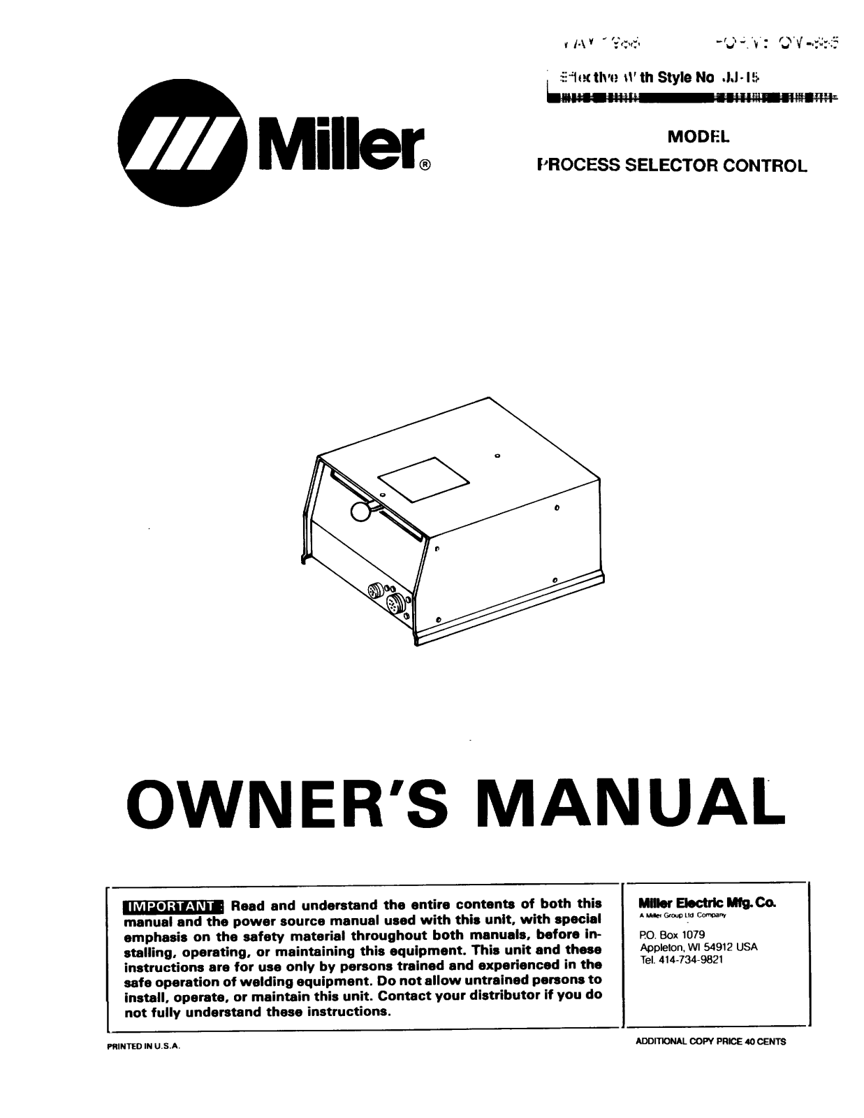 Miller PROCESS SELECTOR CONTROL Owners manual - ManualMachine.com