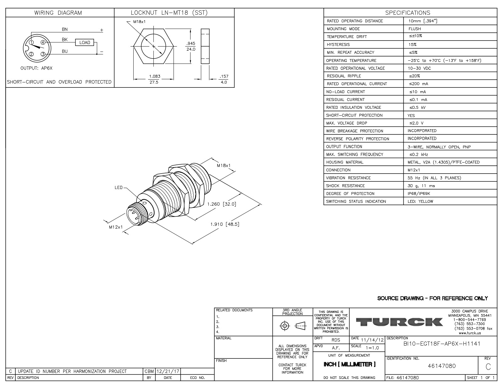 Turck BI10-EGT18F-AP6X-H1141 Data Sheet