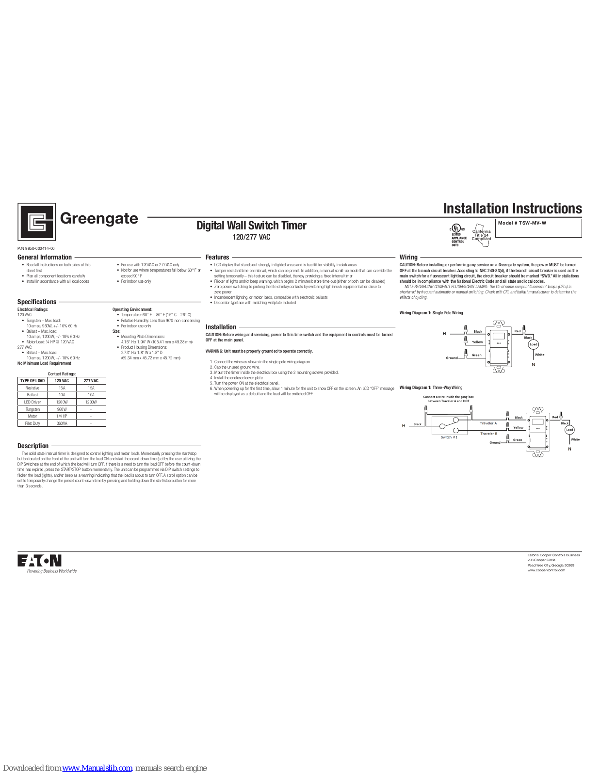 Greengate TSW-MV-W Installation Instructions Manual