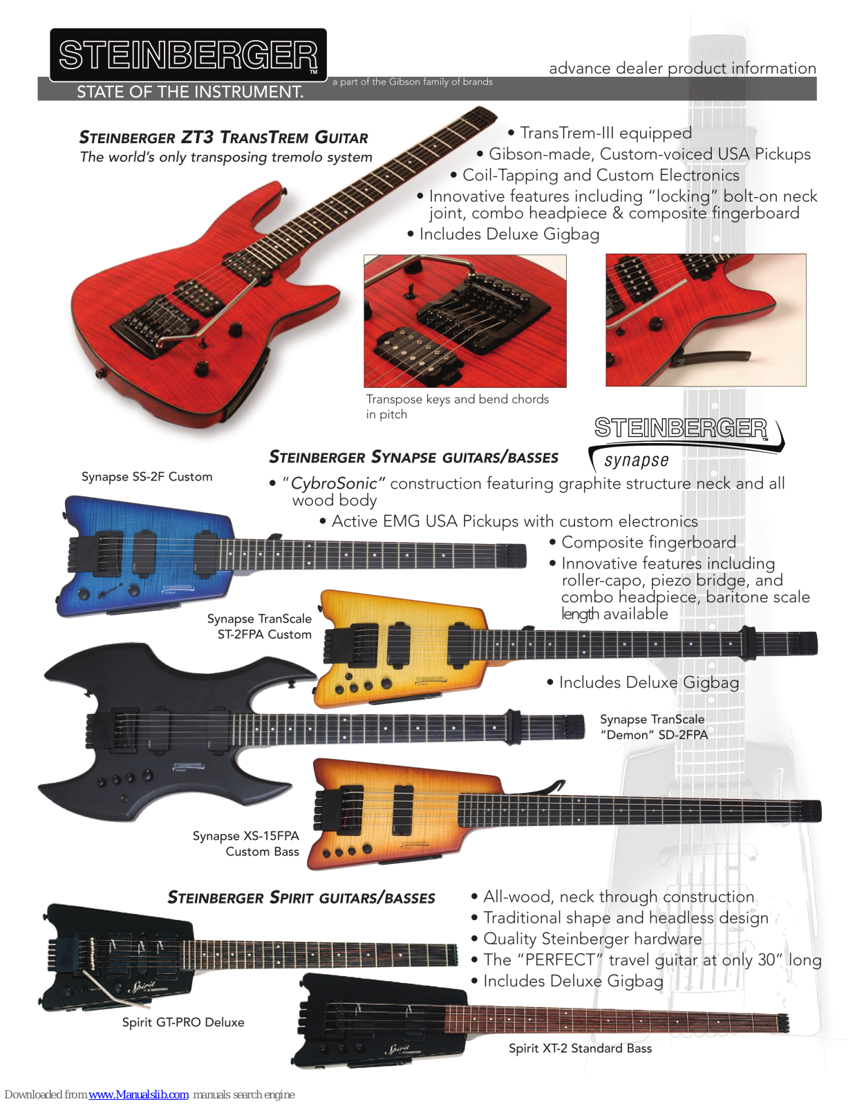 Steinberger Synapse TranScale Demon SD-2FPA, Spirit XT-2 Standard Bass, ZT3 TransTrem, Synapse XS-15FPA Custom Bass, Spirit GT-PRO Deluxe Brochure