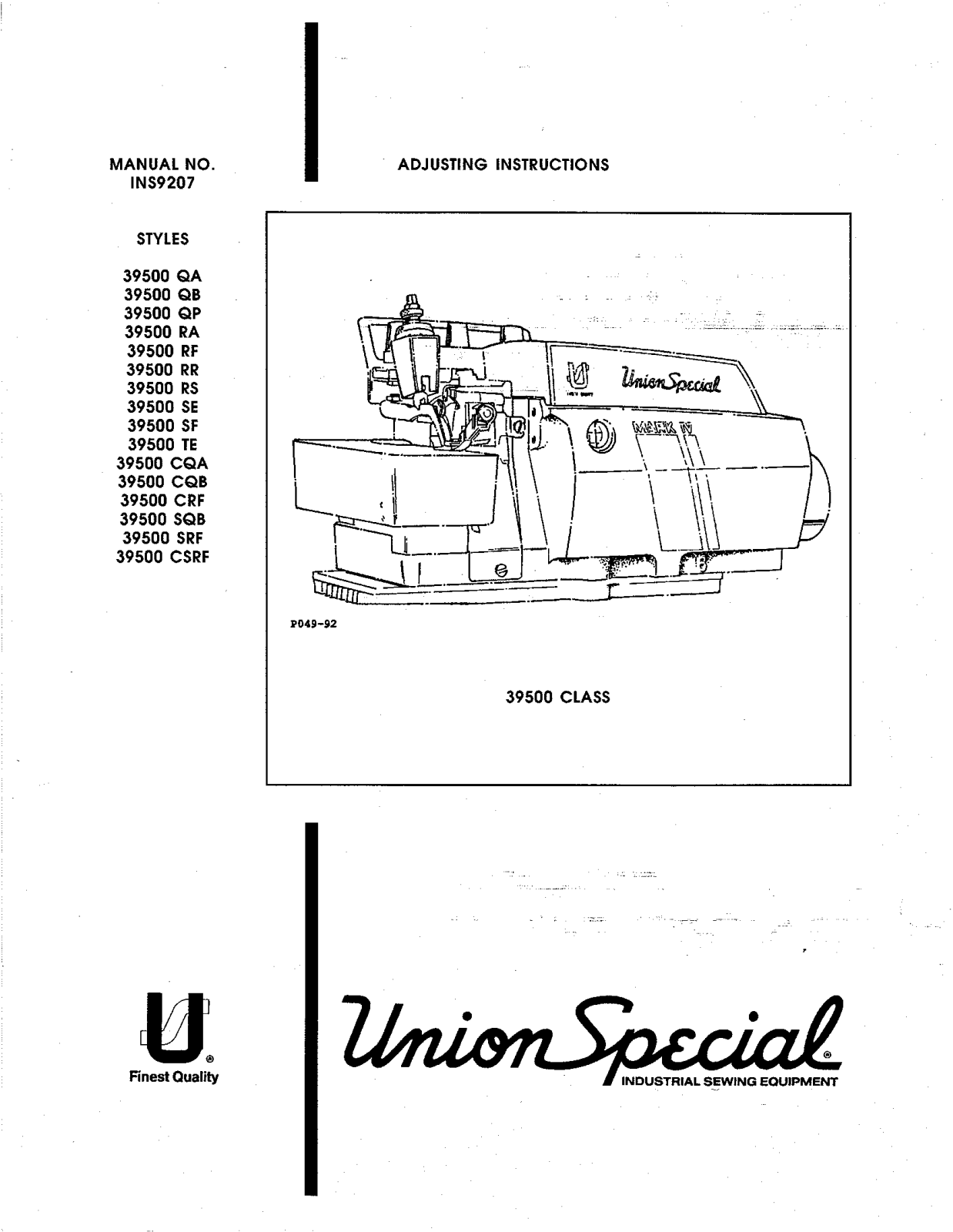 Union Special 39200CQA, 39500CQB, 39500CRF, 39500CSRF, 39500QA Parts List