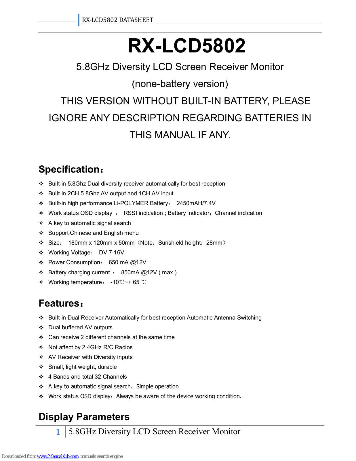 Boscam RX-LCD5802 Datasheet - ManualMachine.com