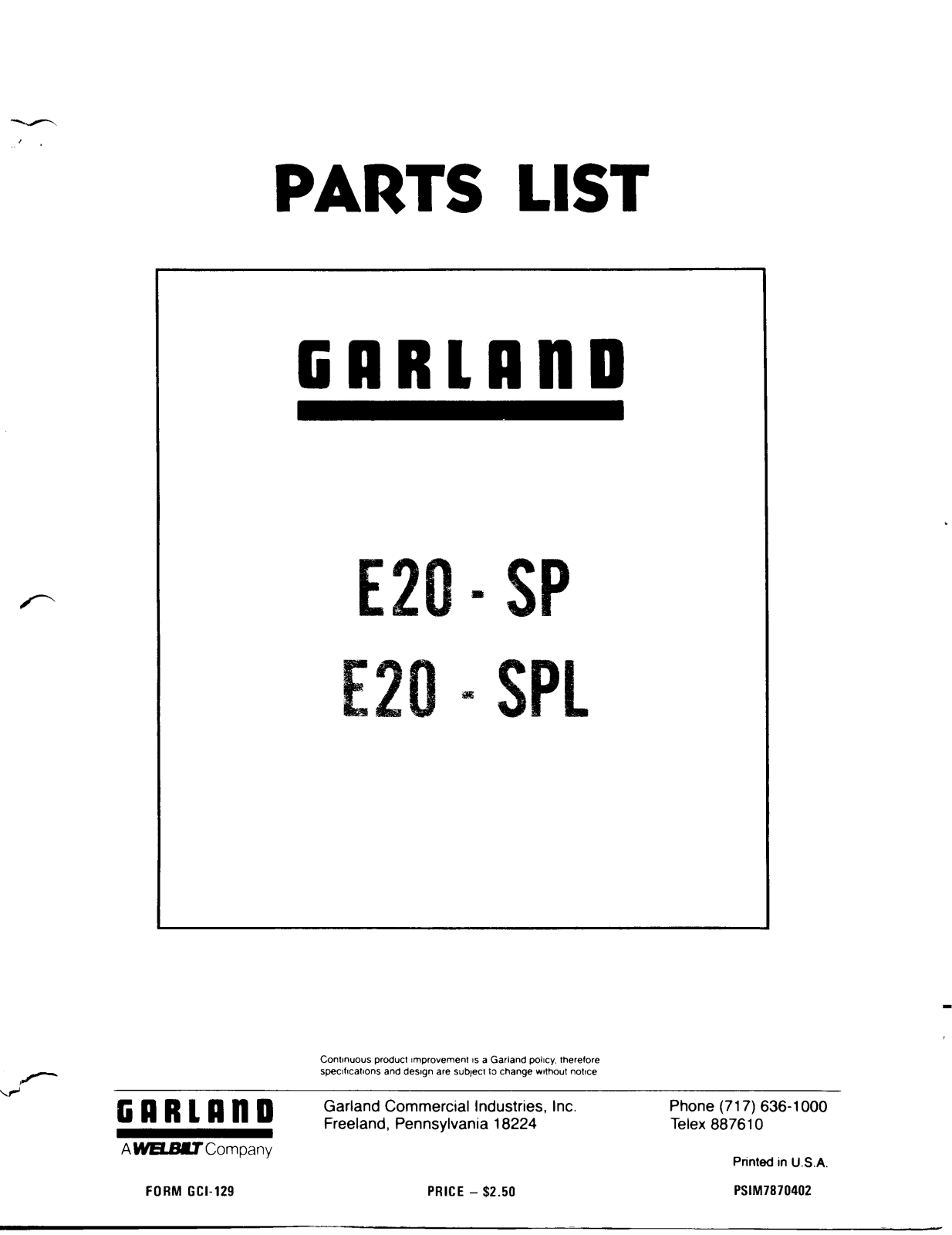 Garland E20-SPL Parts List