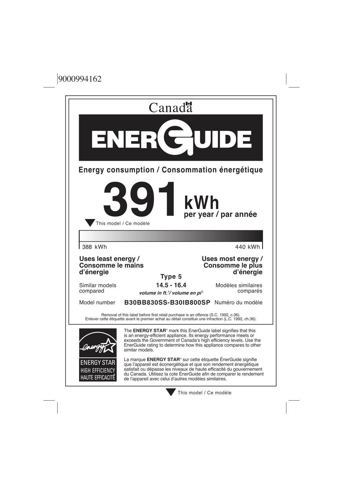 Bosch Benchmark B30BB830SS Energy Guide