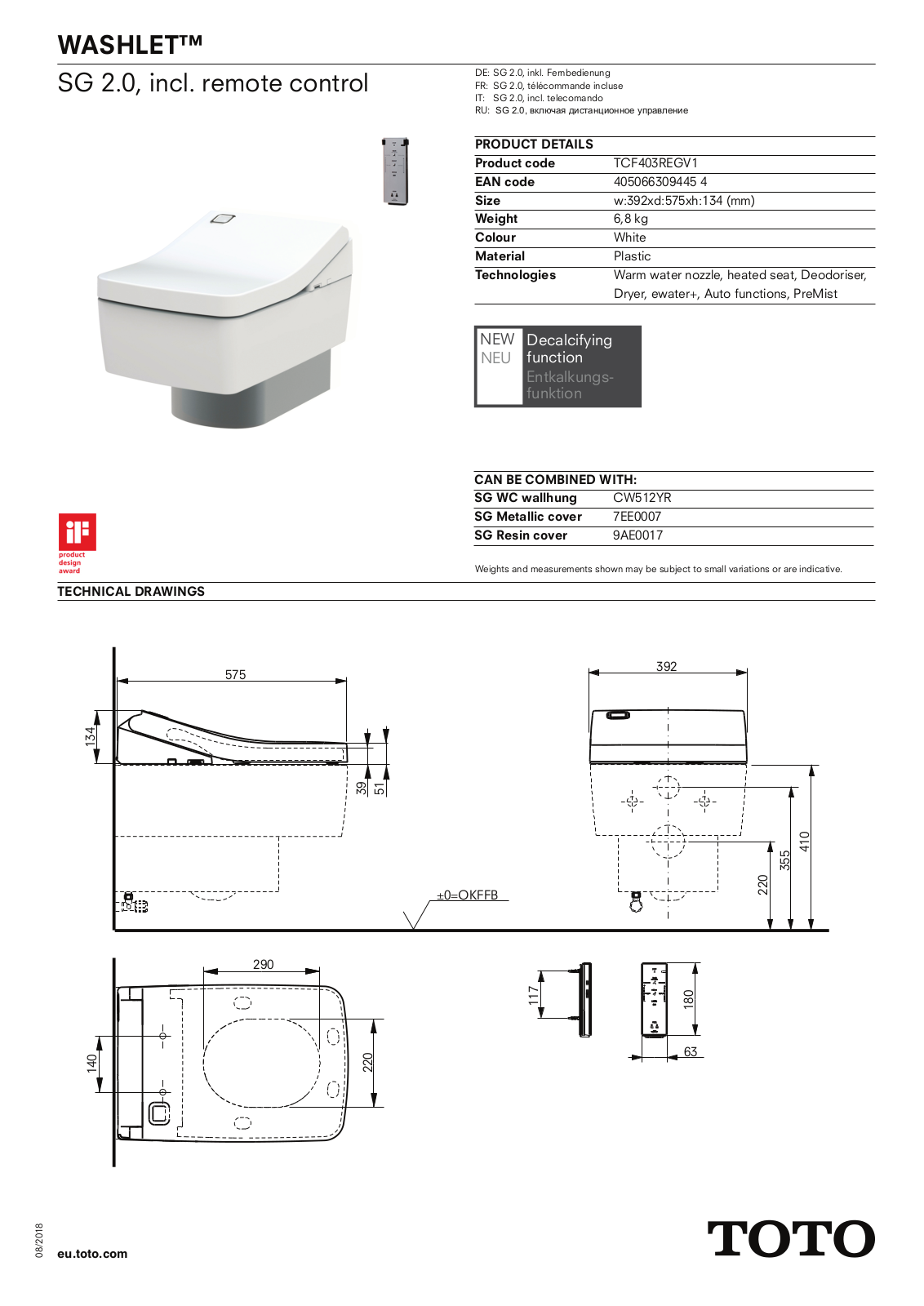 TOTO TCF403REGV1 Datasheet