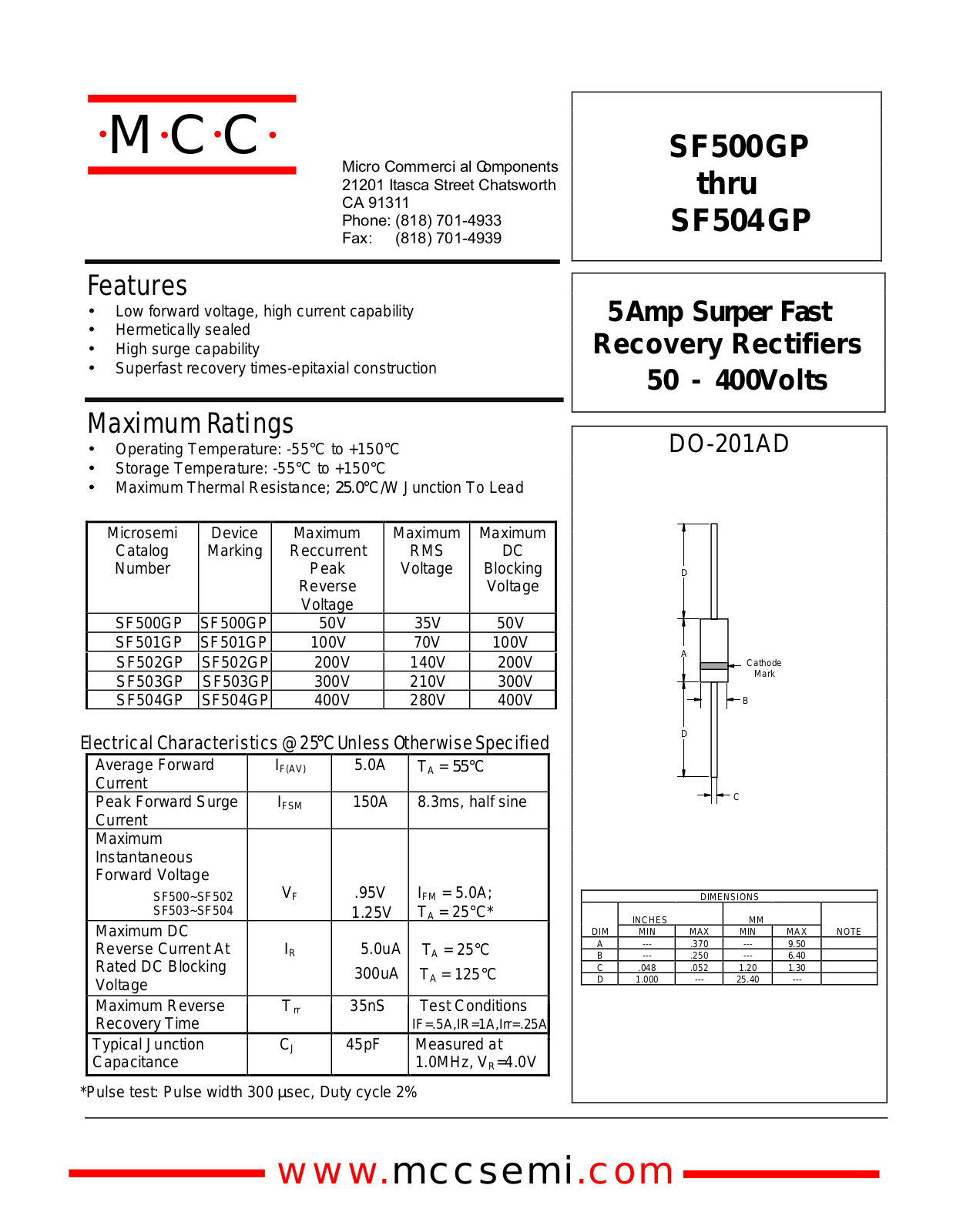 MCC SF500GP, SF501GP, SF502GP, SF504GP Datasheet