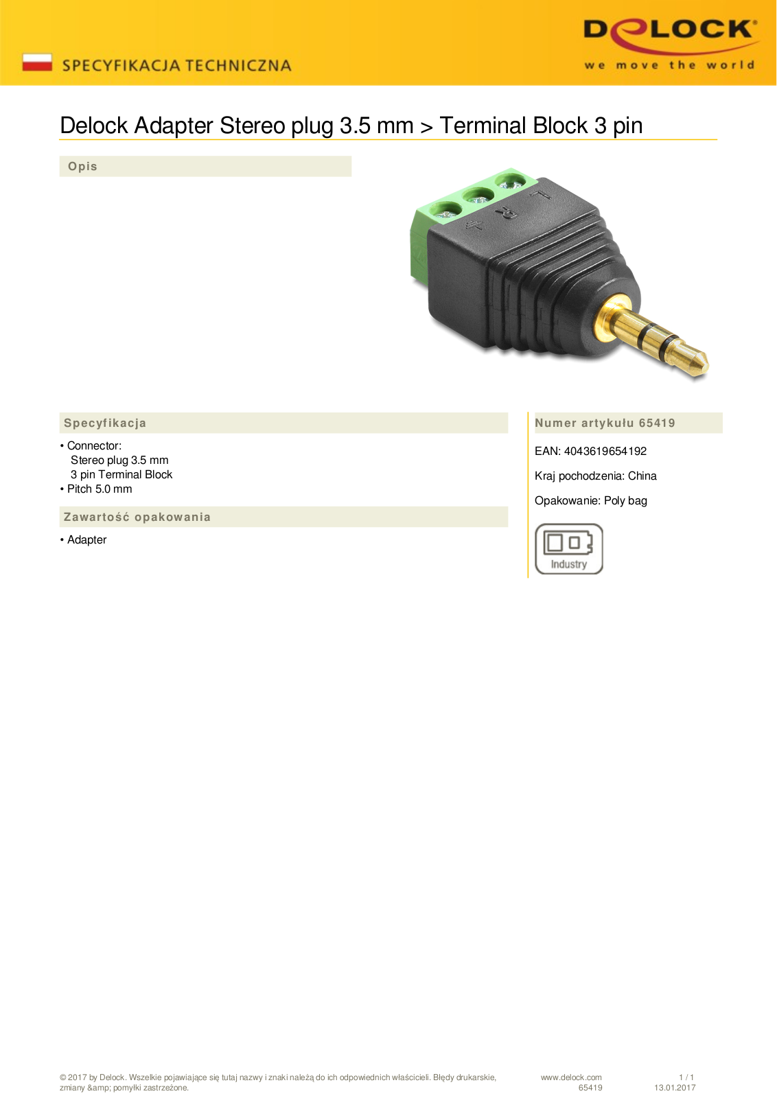 DeLOCK 3.5mm jack on 3-Pin-Terminalblock adapter User Manual