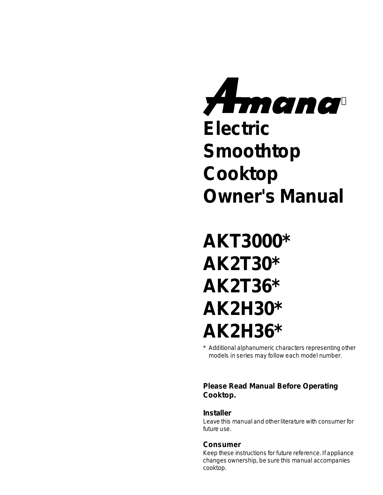 Amana AK2T30, AK2H36, AKT3000, AK2H30, AK2T36 User Manual