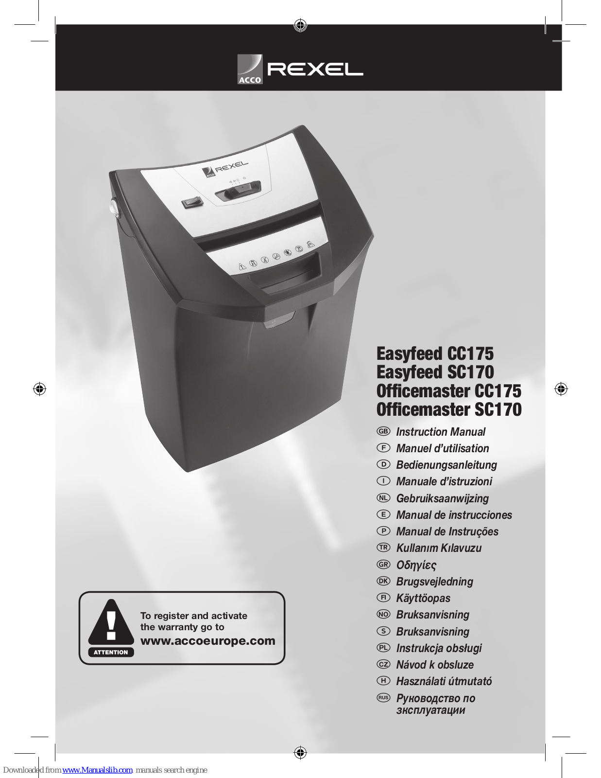 Rexel Easyfeed CC175, Officemaster SC170 Instruction Manual