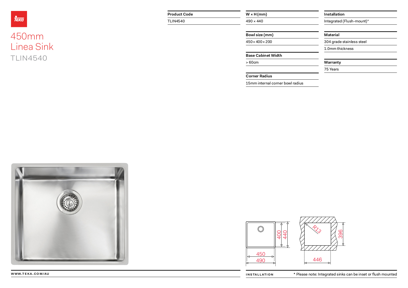 Teka TLIN4540 Specifications Sheet