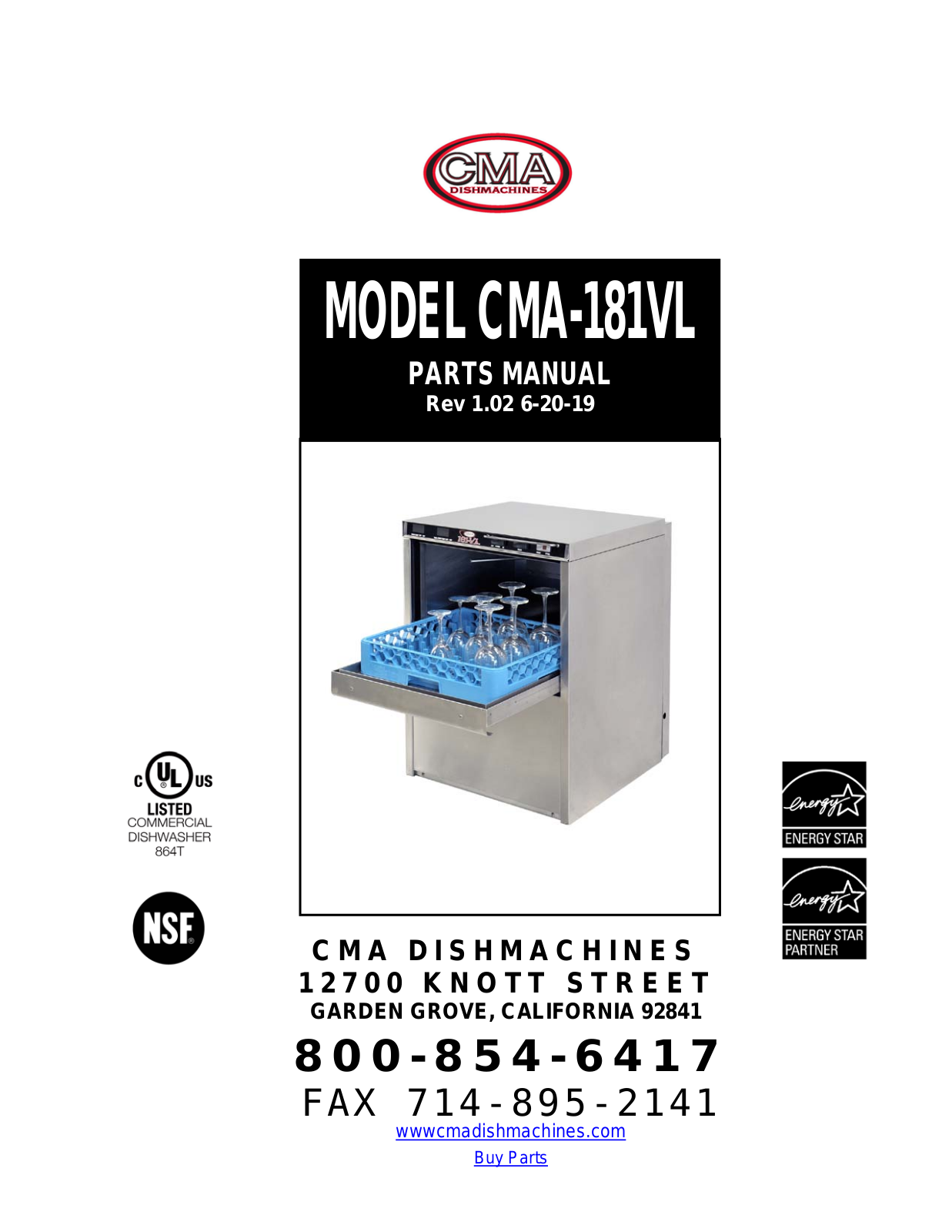 CMA Dish Machines CMA-181VL PARTS LIST