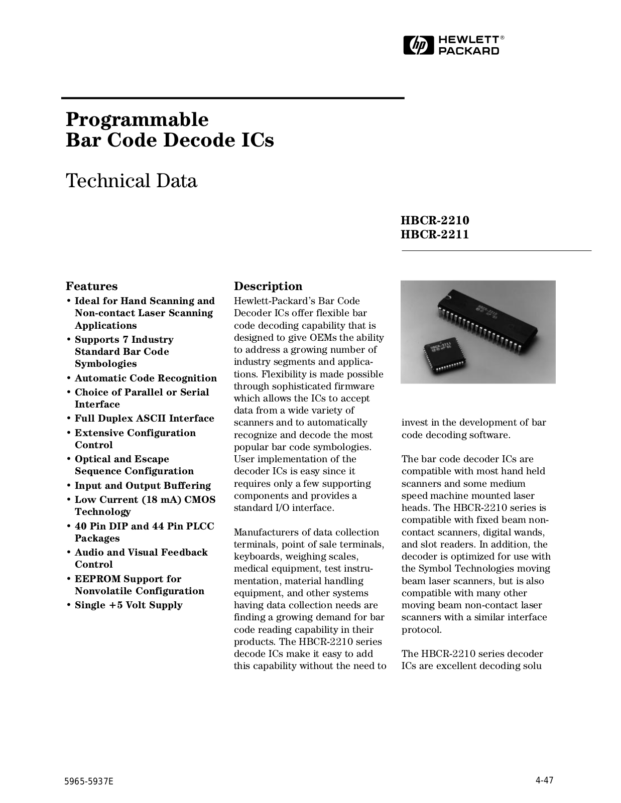 HP HBCR-2211, HBCR-2210 Datasheet