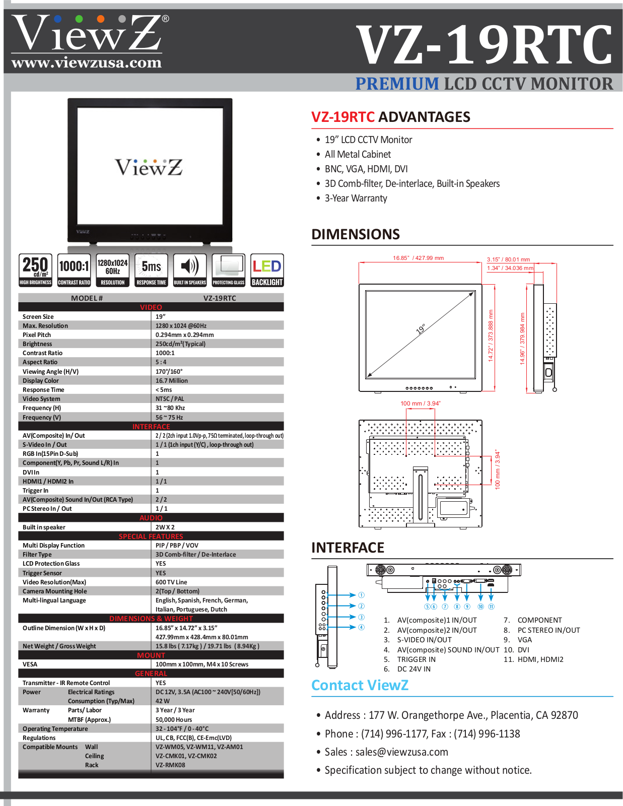 ViewZ VZ-19RTC Specsheet